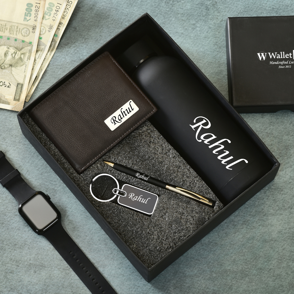 Personalized Genuine Leather Name Men's Wallet Metal Keychain Pen and H2GO Bottle |  Customised (4 in 1) Gift Combo for Boyfriend Friend Husband Father & Son (STYLE ID #21)