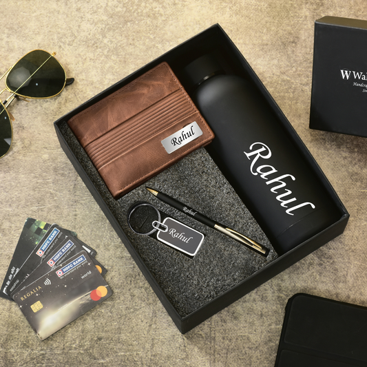 Personalized Genuine Leather Name Men's Wallet Metal Keychain Pen and H2GO Bottle |  Customised (4 in 1) Gift Combo for Boyfriend Friend Husband Father & Son (STYLE ID #15)