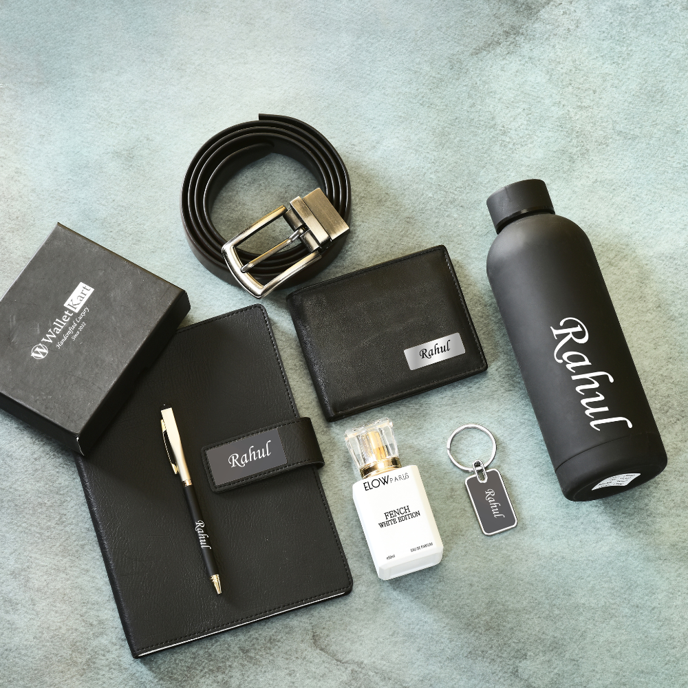 Personalized Genuine Leather Name Men's Wallet Metal Keychain Belt Pen Diary Perfume and  H2GO Bottle |  Customized (7 in 1)  Gift Combo for Boyfriend Friend Husband Father & Son (STYLE ID #21)