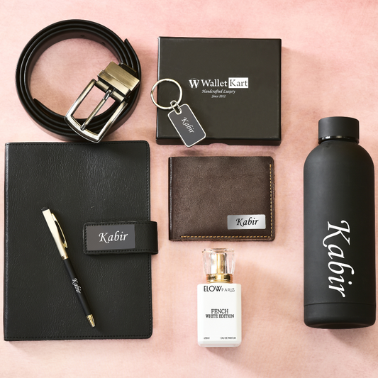 Personalized Genuine Leather Name Men's Wallet Metal Keychain Belt Pen Diary Perfume and  H2GO Bottle |  Customised (7 in 1)  Gift Combo for Boyfriend Friend Husband Father & Son (STYLE ID #17)