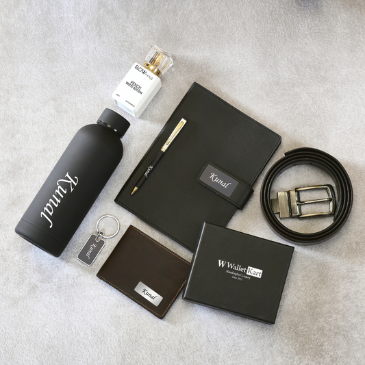 Personalized Genuine Leather Name Men's Wallet Metal Keychain Belt Pen Diary Perfume and  H2GO Bottle |  Customised (7 in 1)  Gift Combo for Boyfriend Friend Husband Father & Son (STYLE ID #22)